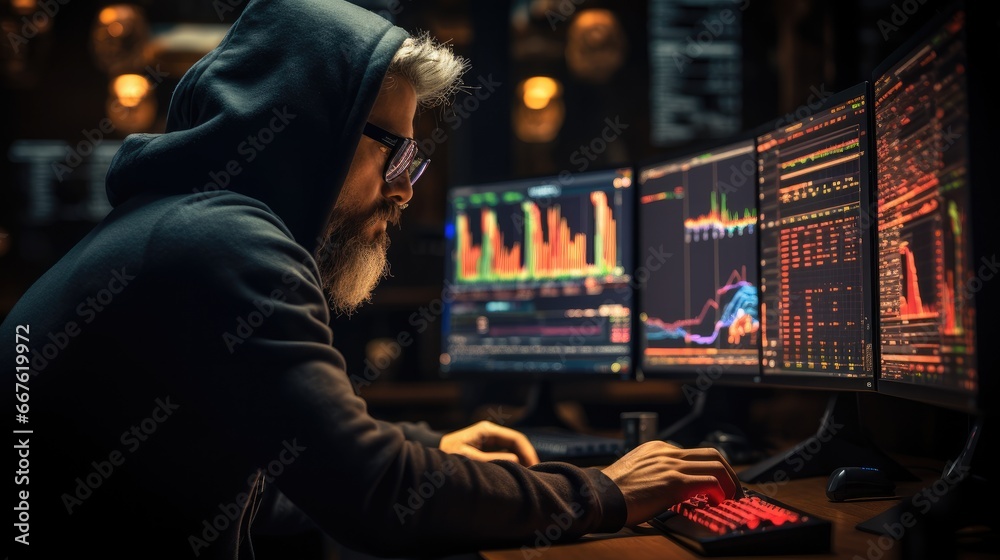 Crypto trader analyzing real-time price charts on multiple computer screens in a dimly lit, tech-filled room. Crypto trader analyzing real-time price charts on multiple computer screens in a dimly lit, tech-filled room.
