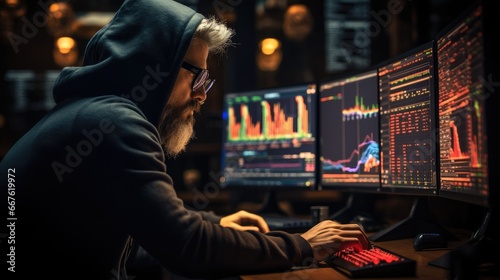 Crypto trader analyzing real-time price charts on multiple computer screens in a dimly lit, tech-filled room.