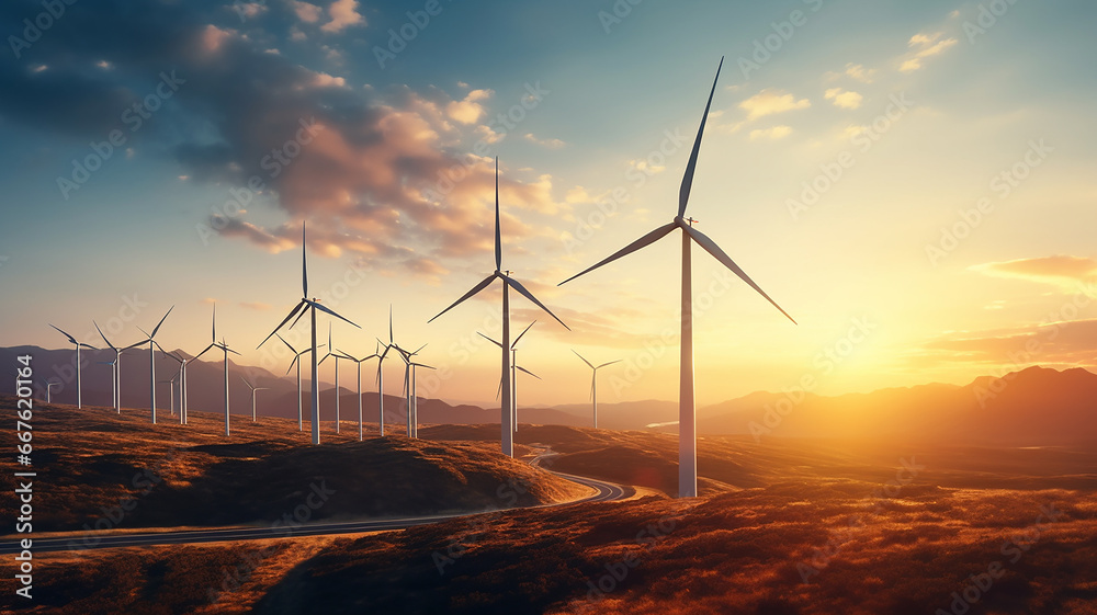 Obraz premium Wind turbines wind energy farm at sunset aerial view.