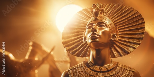 A majestic sculpture of Pharaoh Akhenaten under the sun disc of Aten