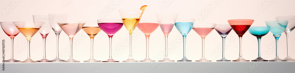a row of multicolored cocktails isolated on a white background. a row of multicolored cocktails isolated on a white background.
