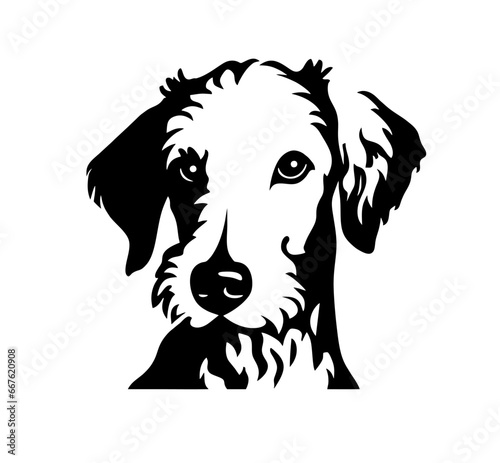 Vector isolated one single sitting Airedale terrier dog head front view black and white bw two colors silhouette. Template for laser engraving or stencil, print for t shirt	
