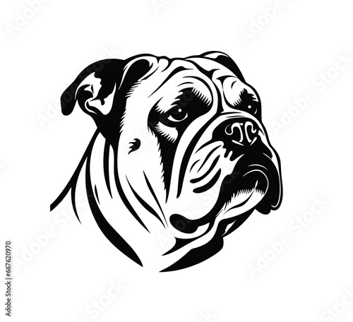 Vector isolated one single sitting Bulldog dog head front view black and white bw two colors silhouette. Template for laser engraving or stencil, print for t shirt	