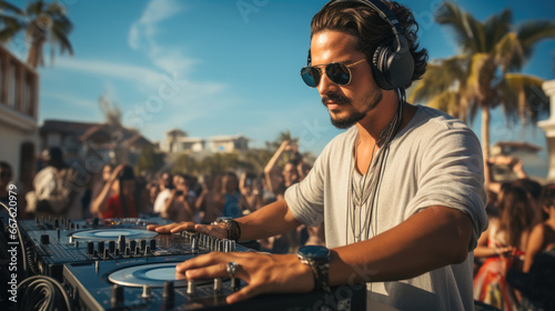 Man DJ in a crowd at outdoors.