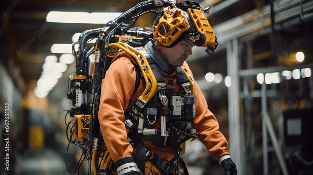 Worker Wearing Advanced Full Body Powered exoskeleton to lift heavy things. Generative AI - obrazy, fototapety, plakaty 