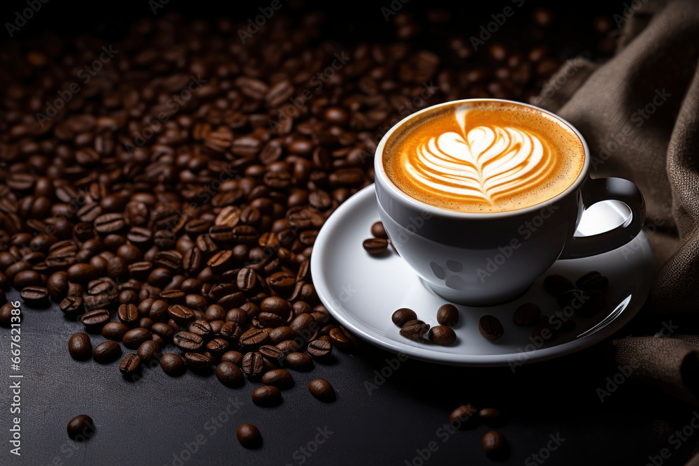Cup of coffe with milk on a dark background. Hot latte or Cappuccino prepared with milk on a wooden table with copy space Cup of coffe with milk on a dark background. Hot latte or Cappuccino prepared with milk on a wooden table with copy space