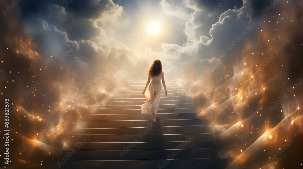 woman going to heaven on heaven stairs with clouds and sunlight. Generative AI - obrazy, fototapety, plakaty 
