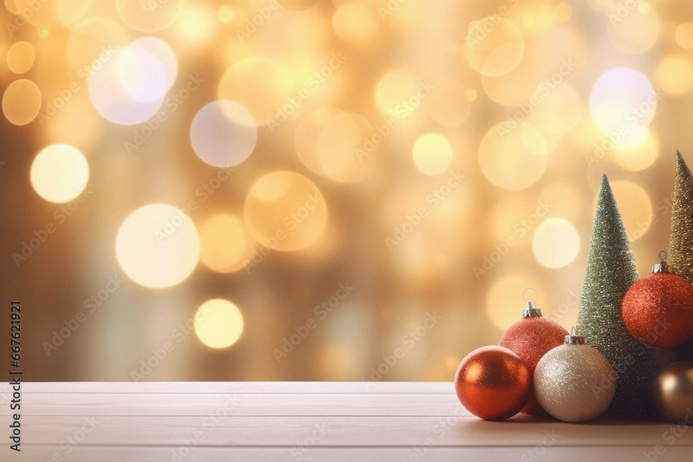 Christmas tree and baubles on wooden table over bokeh background.