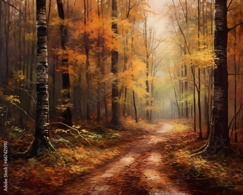 Beautiful autumn forest in the morning. Panoramic image.