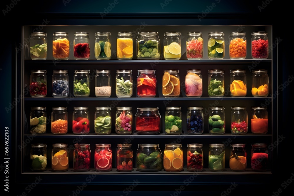 Glass jars with different fruits and vegetables inside, can be used as background