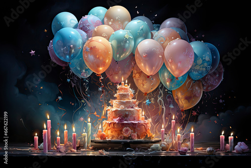 illustration of a Happy birthday cake with colorful balloons decoration. Birthday card.