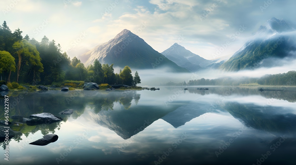 Panoramic view of a mountain lake with reflection in the water