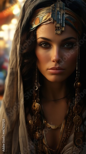 Close-up portrait of Cleopatra's face, her eyes intense and lined with kohl, against a backdrop of the bustling markets of Alexandria, capturing the essence of the vibrant city she ruled