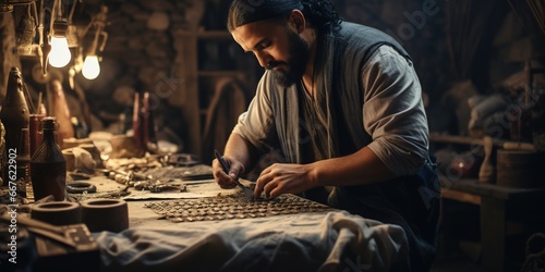 Craftsmen in an ancient Egyptian workshop, crafting jewelry, and preparing other artifacts for the nobility.