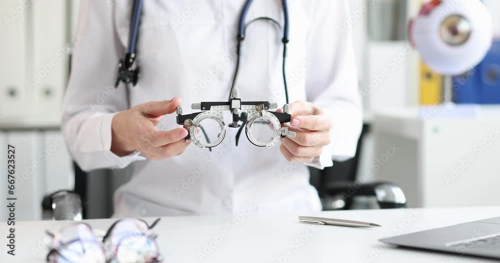 Ophthalmologist optometrist holds glasses for selection of lenses