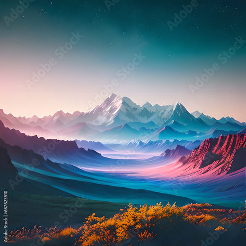 Fabulous beautiful bright landscape of nature forest mountains of the planet, bright abstract colors, fantasy style, partly cloudy sky, photorealistic illustration, Generative AI © LIUBOMYR