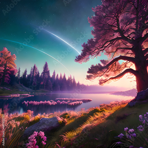 Fabulous beautiful bright landscape of nature forest mountains of the planet, bright abstract colors, fantasy style, partly cloudy sky, photorealistic illustration, Generative AI