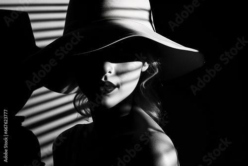 The Shadowed Figure: A Person in a Wide-Brimmed Hat Under a Spotlight Against a Textured Wall, ai generative photo
