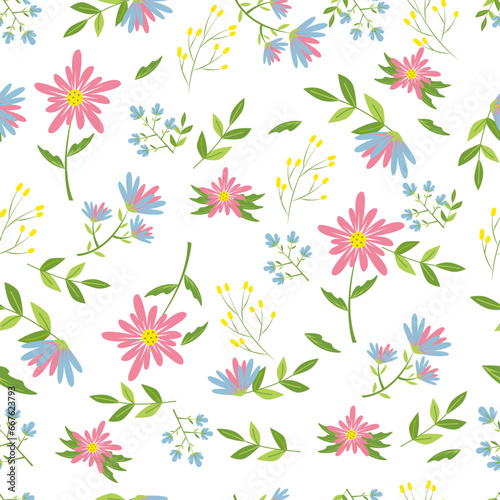 Floral pattern in pink and blue flowers with leaves and petals. Bedding, cover, card, pattern, wallpaper. vector illustration