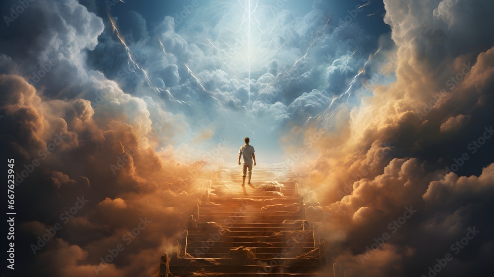 man going to heaven on heaven stairs with clouds and sunlight. Generative AI - obrazy, fototapety, plakaty 