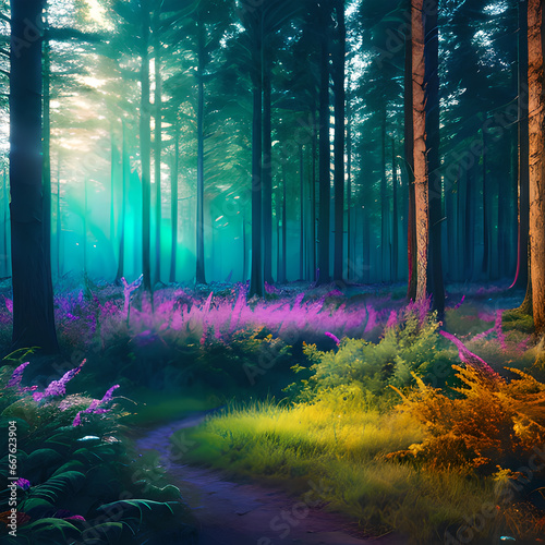 Fabulous beautiful bright landscape of nature forest mountains of the planet, bright abstract colors, fantasy style, partly cloudy sky, photorealistic illustration, Generative AI
