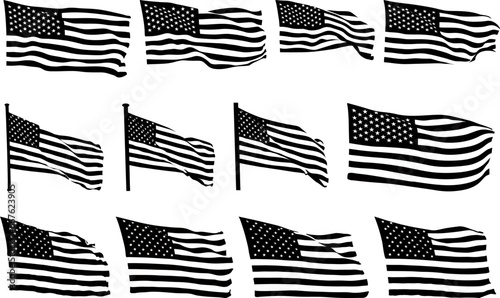 Collection of waving flag silhouettes in the wind, Vector set bundle of black flat American USA flag, A set of silhouette American flag vector, American Flag Silhouette