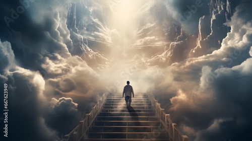 man going to heaven on heaven stairs with clouds and sunlight. Generative AI