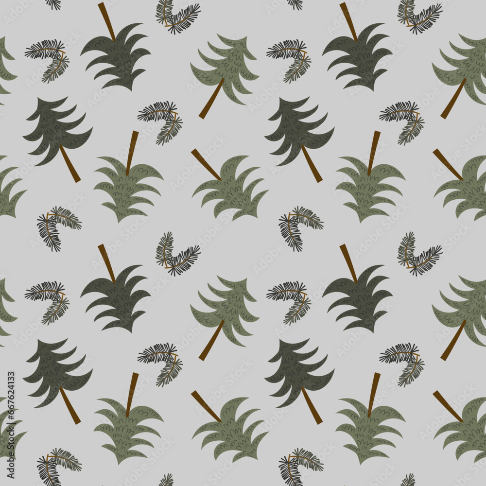 Seamless pattern with drawings of fir trees and fir branches, printed design. Seamless pattern with drawings of fir trees and fir branches, printed design.