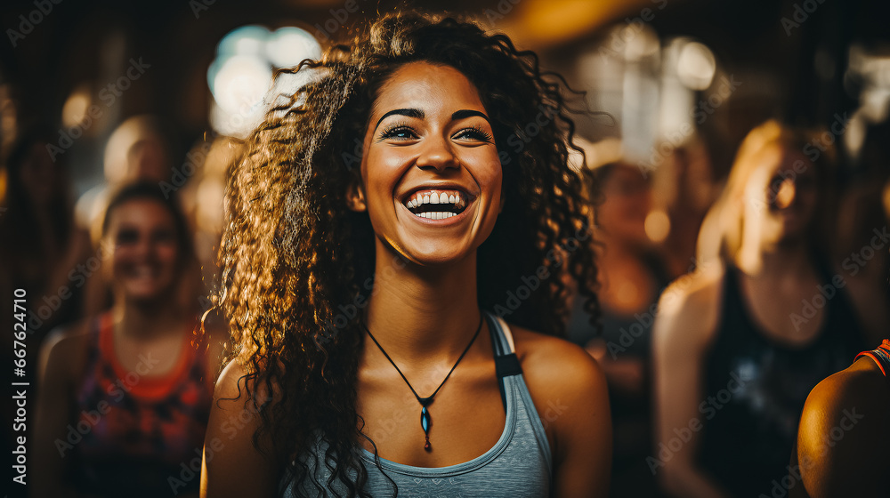Jeune femme souriante en train de suivre un cours de fitness