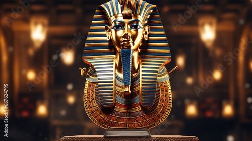 Golden mask of King Tutankhamun gleaming in torchlight