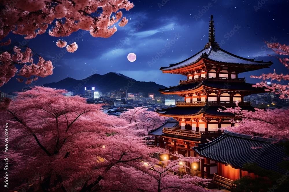A beautiful night in ancient Kyoto, filled with cherry blossoms decorating the sky. Generative AI