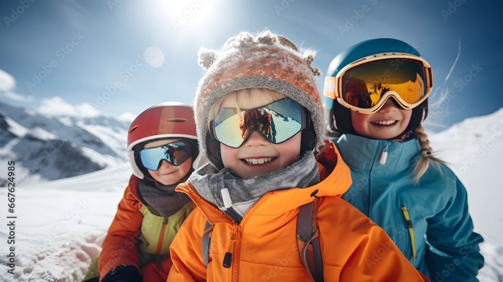 close up photo of group of young skiers in the Alps mountains. Mother and children skiing in winter. Generative AI