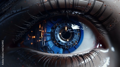 Closeup of robotic eye with cybernetic signs. Generative AI