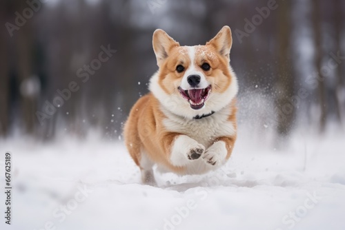 a cute happy-looking adult corgi dog running through the snowy terrain in the countryside, looking into the camera, low-angle shot