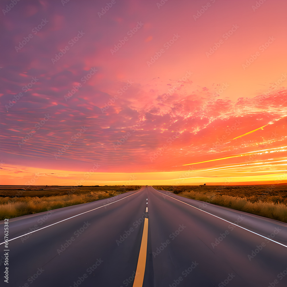 Straight road with sunset, empty road, Generative AI