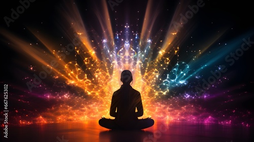 Chakra and light during meditation in silhouette. Generative AI
