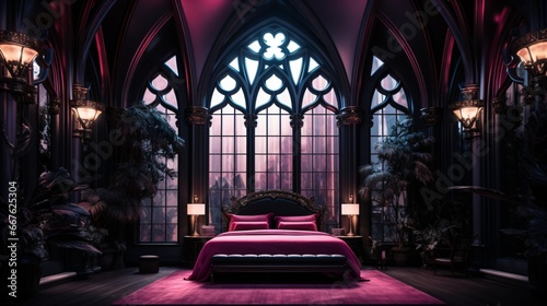 luxurious bedroom with gothic window