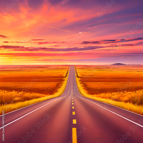 Straight road with sunset, empty road, Generative AI