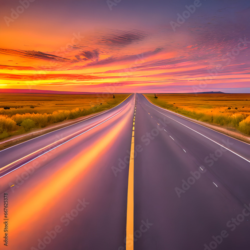 Straight road with sunset  empty road  Generative AI