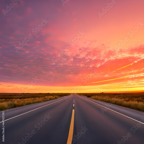 Straight road with sunset, empty road, Generative AI © LIUBOMYR
