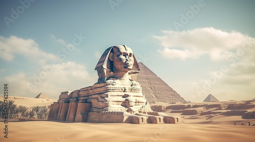 Majestic sphinx against the backdrop of the great pyramids