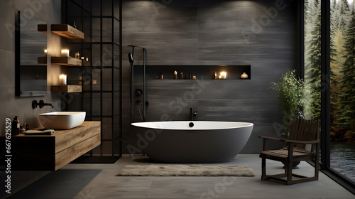 Bathroom interior design with matte black bath and modern shower. Generative AI