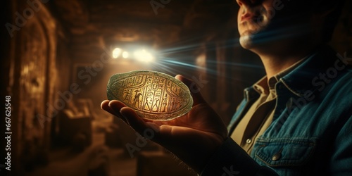 Inside a dimly lit tomb, a historian holds up a glowing scarab amulet. Its radiant light reveals hidden hieroglyphics on the walls, pointing to a secret chamber.