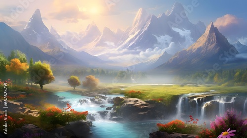 Panoramic view of beautiful mountain landscape with river and flowers.
