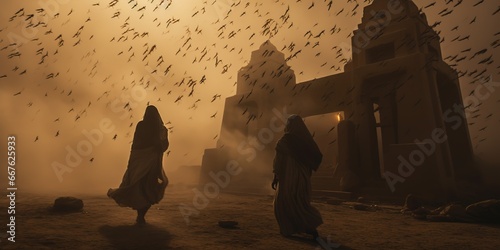 Locusts casting vast and ominous shadows on a desert temple, their numbers so immense that they seem like a moving sandstorm