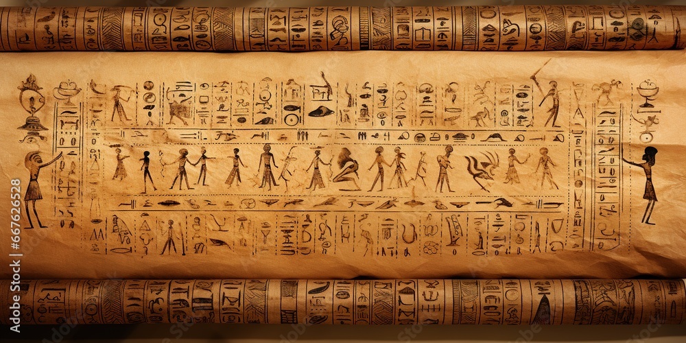 Fototapeta premium Papyrus scroll adorned with ancient symbols and illustrations