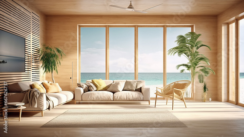 bright interior of a livingroom with a large window and a view of the sea and the beach.