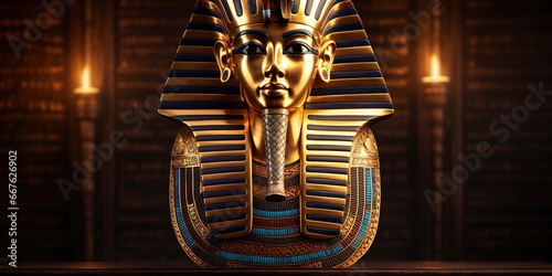 Pharaoh Tutankhamun's golden death mask glowing mysteriously