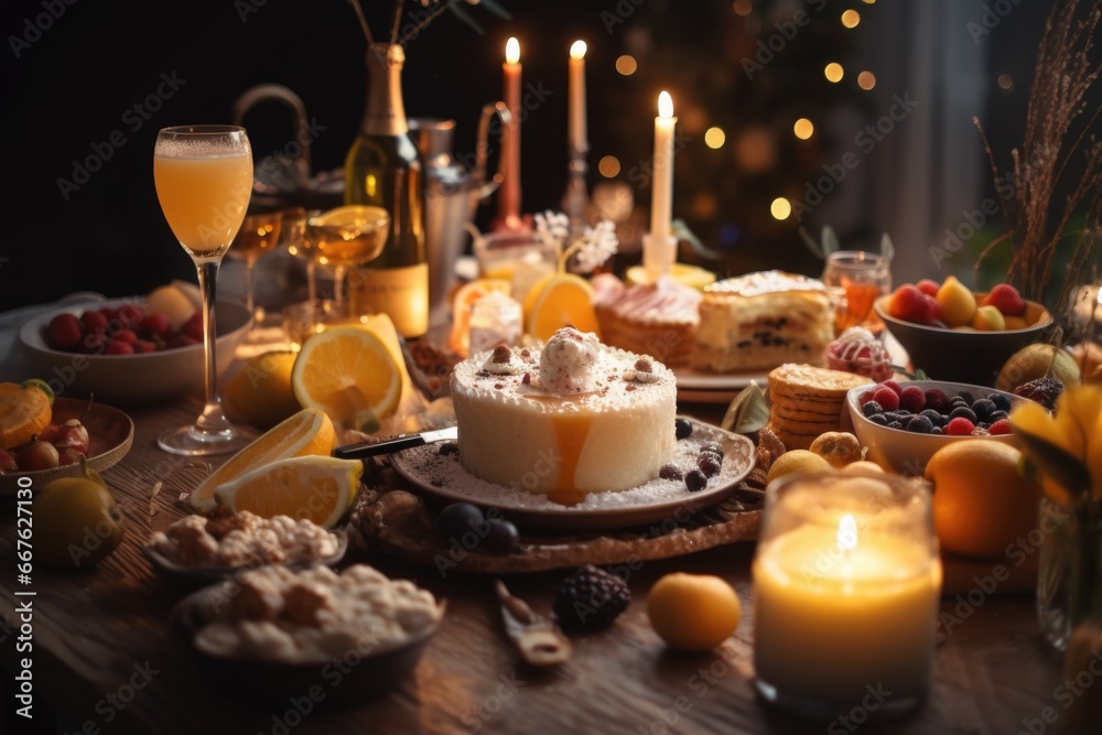 A New Year's Eve party table adorned with festive decorations and a variety of delicious food and drinks.