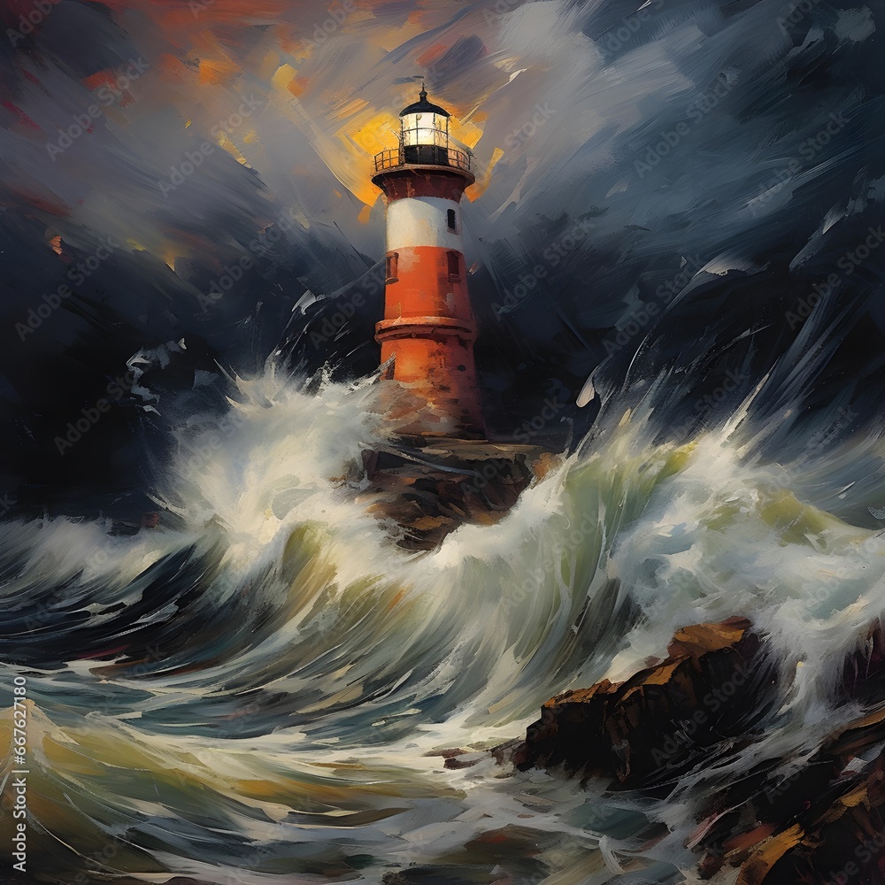 Digital painting of a lighthouse in the middle of a stormy sea